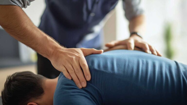 Clinician explaining spinal anatomy to an adult patient in a bright examination room.